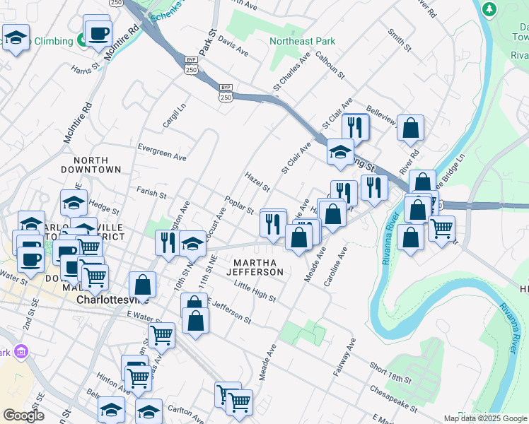 map of restaurants, bars, coffee shops, grocery stores, and more near in Charlottesville