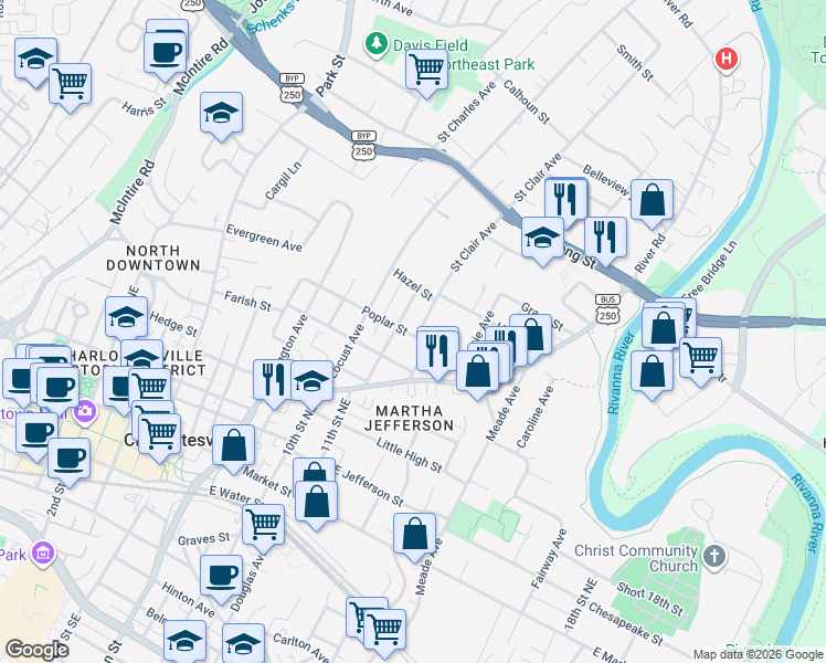 map of restaurants, bars, coffee shops, grocery stores, and more near in Charlottesville