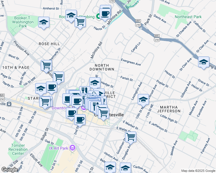 map of restaurants, bars, coffee shops, grocery stores, and more near 405 Hedge Street in Charlottesville