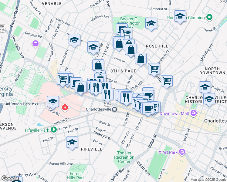 map of restaurants, bars, coffee shops, grocery stores, and more near 823 Hardy Drive in Charlottesville