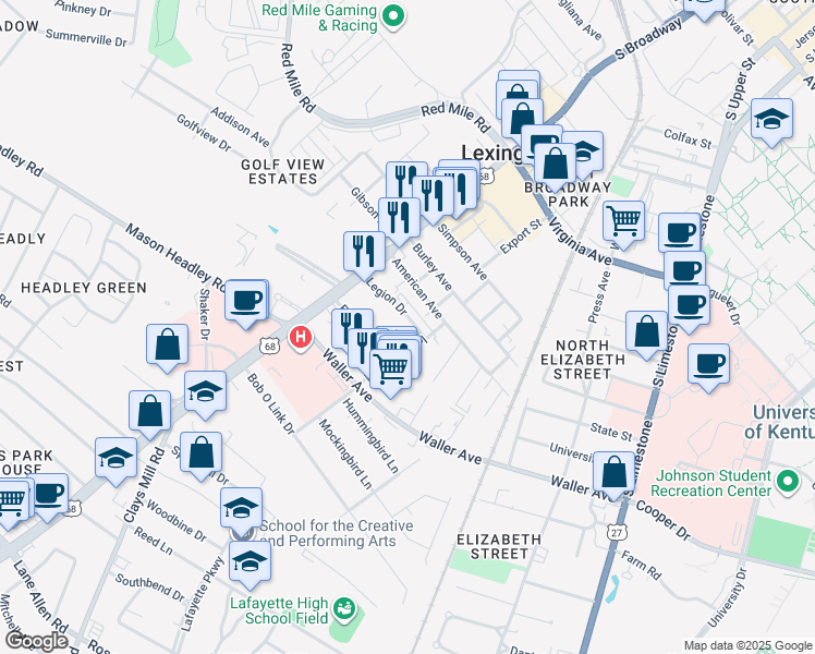 map of restaurants, bars, coffee shops, grocery stores, and more near 333 Legion Drive in Lexington