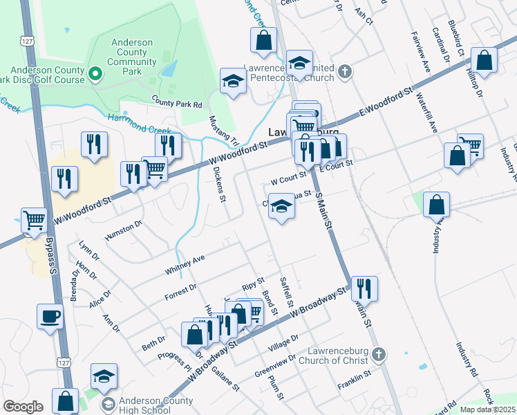 map of restaurants, bars, coffee shops, grocery stores, and more near 132 Chautauqua Street in Lawrenceburg