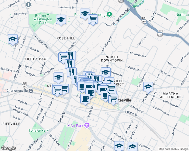 map of restaurants, bars, coffee shops, grocery stores, and more near 403 Altamont Circle in Charlottesville