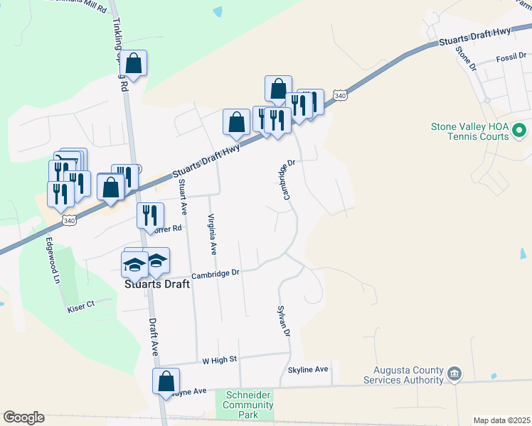 map of restaurants, bars, coffee shops, grocery stores, and more near 38 Windermere Road in Stuarts Draft