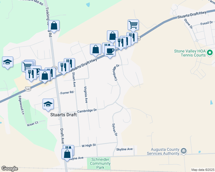 map of restaurants, bars, coffee shops, grocery stores, and more near 38 Windermere Road in Stuarts Draft