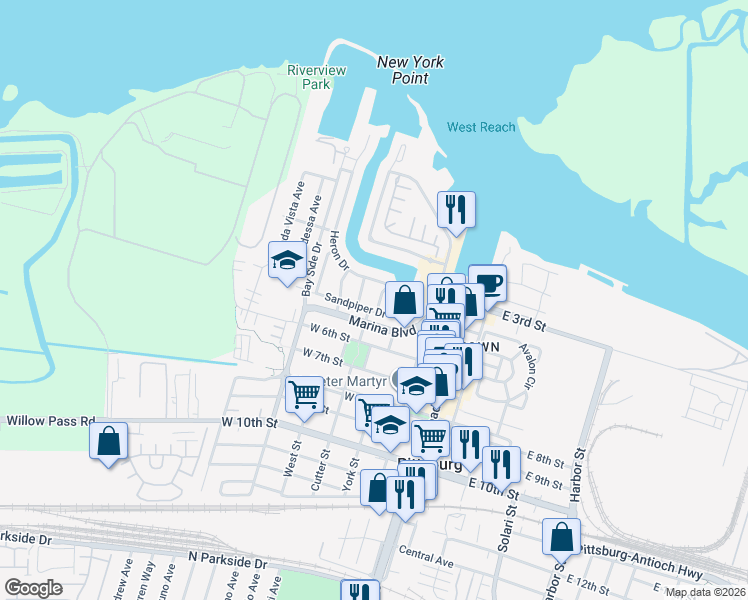 map of restaurants, bars, coffee shops, grocery stores, and more near 161 Heron Drive in Pittsburg