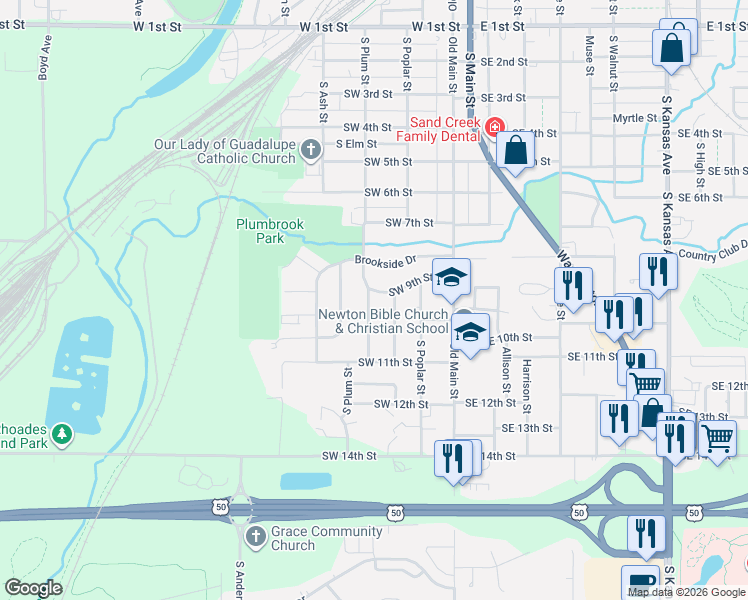 map of restaurants, bars, coffee shops, grocery stores, and more near 300 Southwest 9th Street in Newton