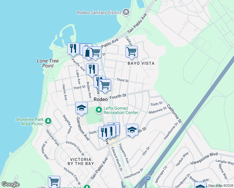 map of restaurants, bars, coffee shops, grocery stores, and more near 371 Vaqueros Avenue in Rodeo