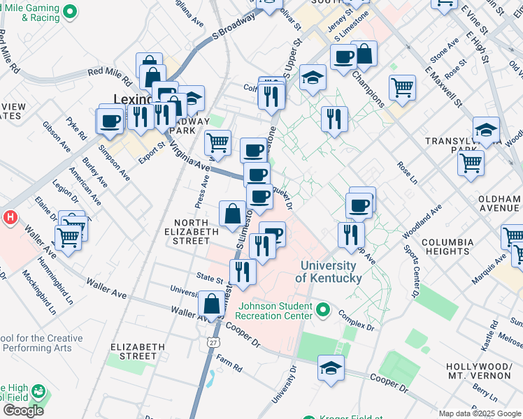 map of restaurants, bars, coffee shops, grocery stores, and more near 740 South Limestone in Lexington