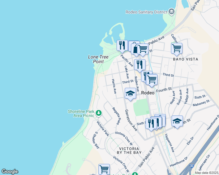 map of restaurants, bars, coffee shops, grocery stores, and more near 111 3rd Street in Rodeo