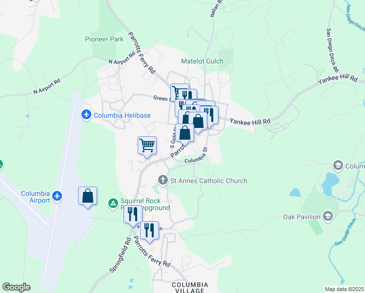 map of restaurants, bars, coffee shops, grocery stores, and more near 22708 Parrotts Ferry Road in Columbia