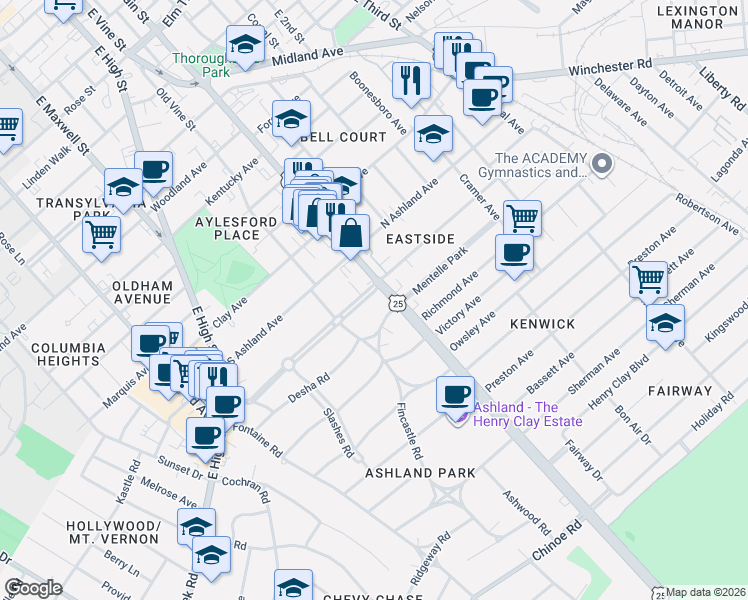 map of restaurants, bars, coffee shops, grocery stores, and more near 905 Richmond Road in Lexington