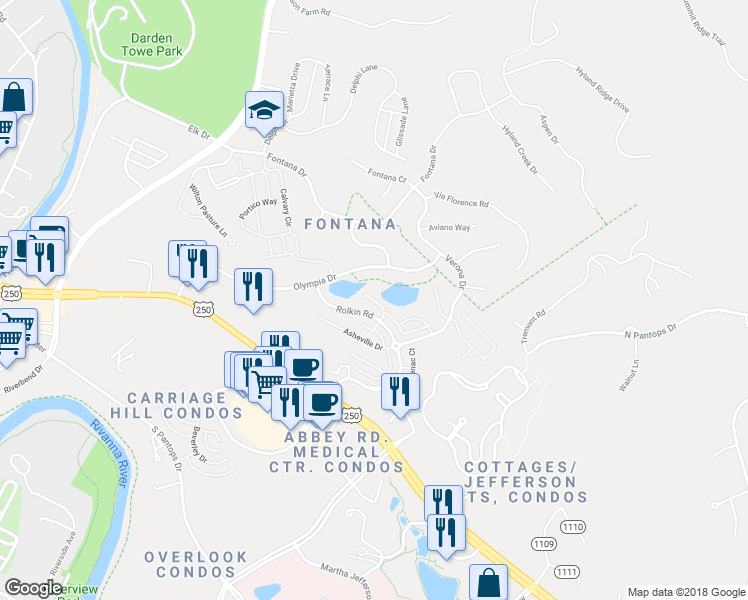 map of restaurants, bars, coffee shops, grocery stores, and more near 2161 Whispering Hollow Lane in Charlottesville