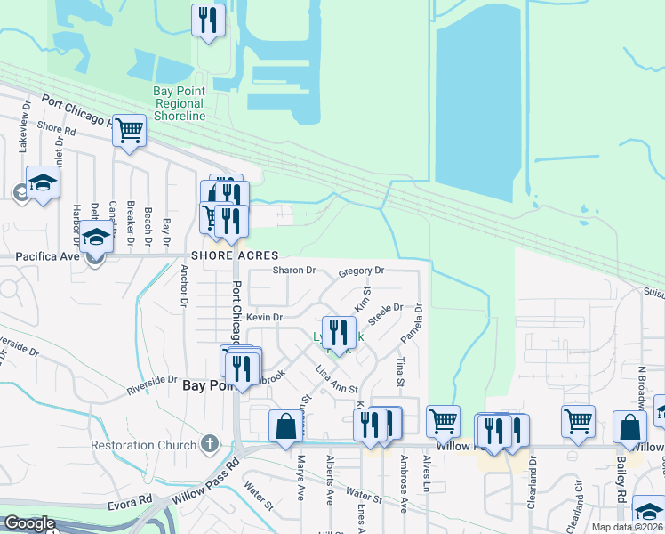 map of restaurants, bars, coffee shops, grocery stores, and more near 12 Sharon Drive in Bay Point
