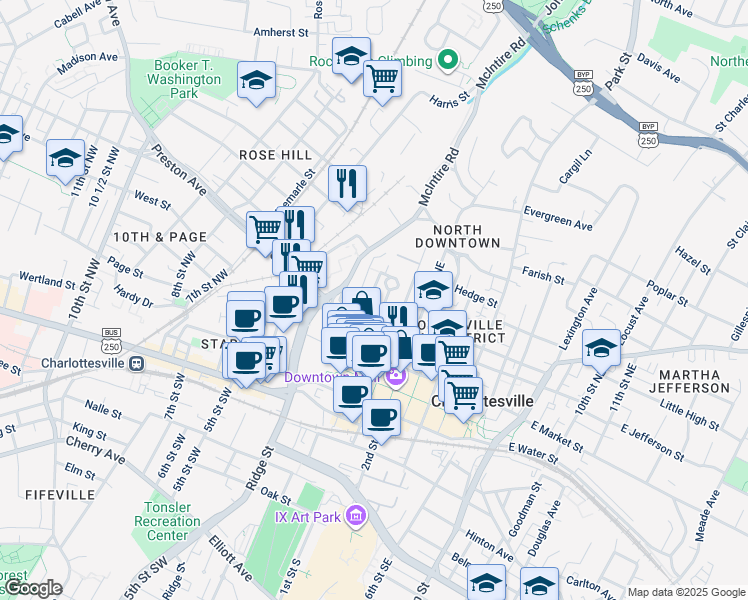 map of restaurants, bars, coffee shops, grocery stores, and more near 205 High Street in Charlottesville