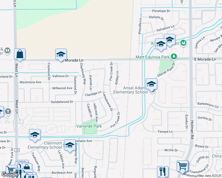 map of restaurants, bars, coffee shops, grocery stores, and more near 9218 Fox Creek Drive in Stockton