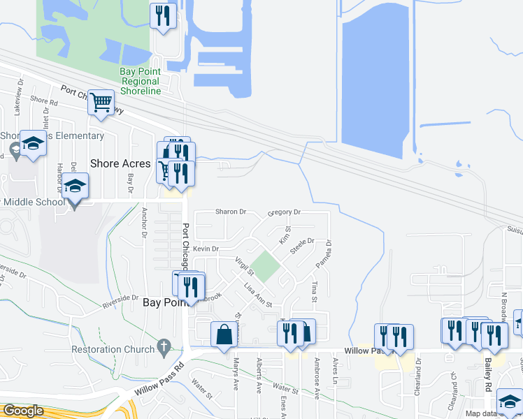 map of restaurants, bars, coffee shops, grocery stores, and more near 14 Sharon Drive in Bay Point
