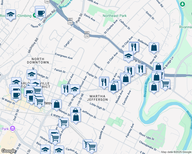 map of restaurants, bars, coffee shops, grocery stores, and more near in Charlottesville