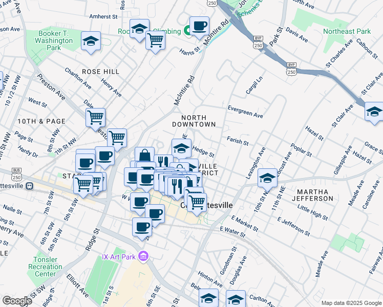 map of restaurants, bars, coffee shops, grocery stores, and more near 437 3rd Street Northeast in Charlottesville