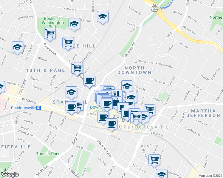 map of restaurants, bars, coffee shops, grocery stores, and more near 408 Altamont Circle in Charlottesville