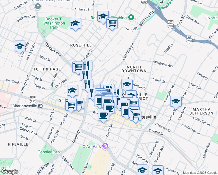 map of restaurants, bars, coffee shops, grocery stores, and more near 408 Altamont Circle in Charlottesville
