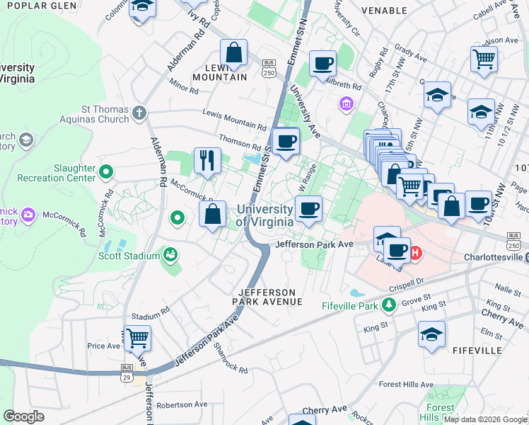 map of restaurants, bars, coffee shops, grocery stores, and more near in Charlottesville