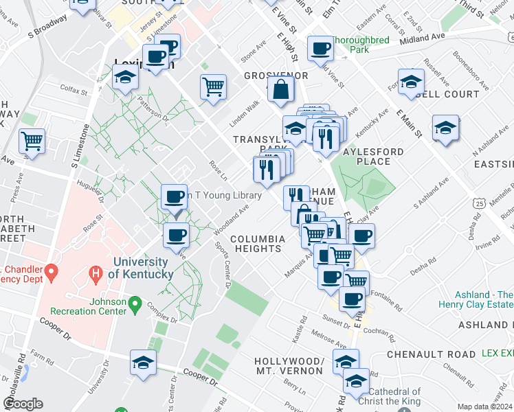 map of restaurants, bars, coffee shops, grocery stores, and more near 412 Woodland Avenue in Lexington