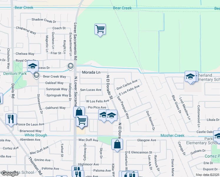 map of restaurants, bars, coffee shops, grocery stores, and more near 9138 North El Dorado Street in Stockton