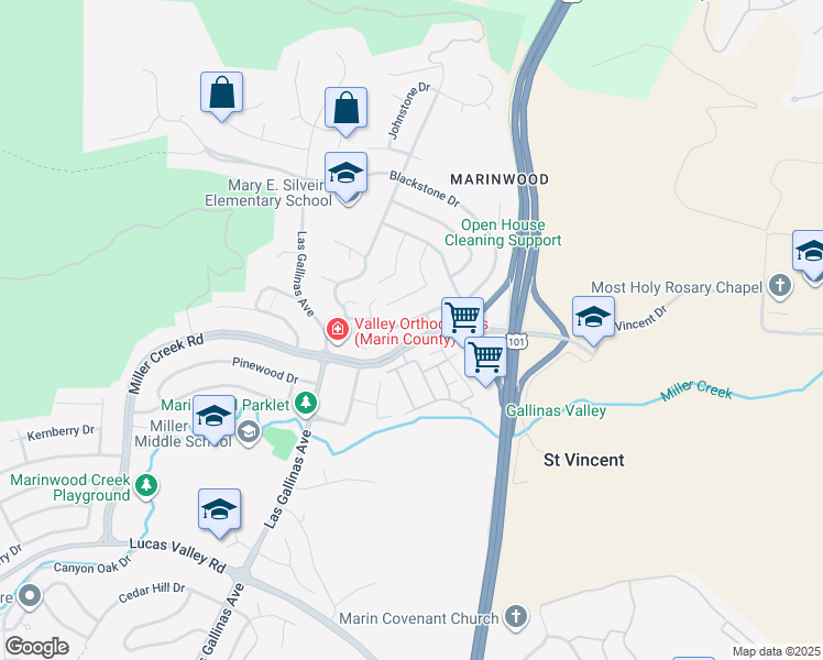map of restaurants, bars, coffee shops, grocery stores, and more near 86 Blackstone Drive in San Rafael