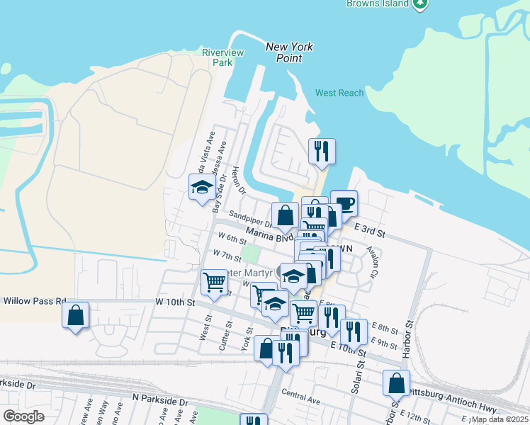 map of restaurants, bars, coffee shops, grocery stores, and more near 346 Aguilar Place in Pittsburg