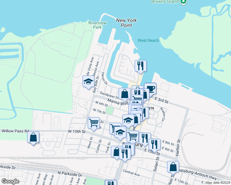 map of restaurants, bars, coffee shops, grocery stores, and more near 346 Aguilar Place in Pittsburg