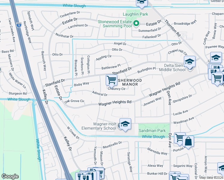 map of restaurants, bars, coffee shops, grocery stores, and more near 2940 Chauncy Circle in Stockton