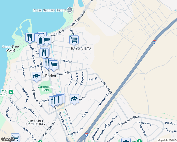 map of restaurants, bars, coffee shops, grocery stores, and more near 1222 Fourth Street in Rodeo