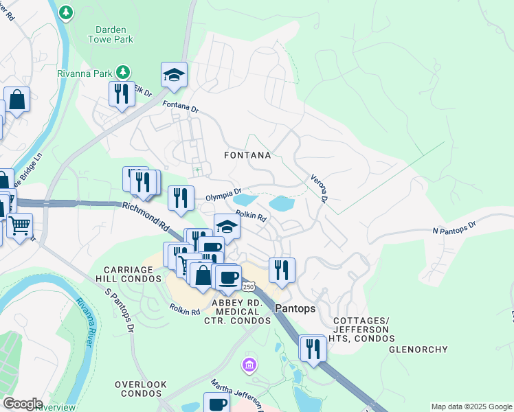 map of restaurants, bars, coffee shops, grocery stores, and more near 1080 Olympia Drive in Charlottesville