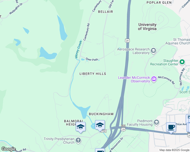 map of restaurants, bars, coffee shops, grocery stores, and more near 15 Orchard Road in Charlottesville