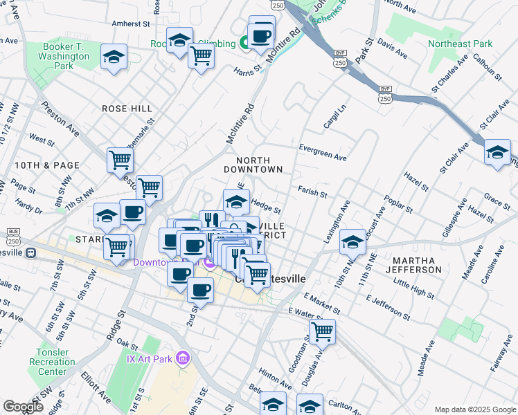 map of restaurants, bars, coffee shops, grocery stores, and more near 421 4th Street Northeast in Charlottesville