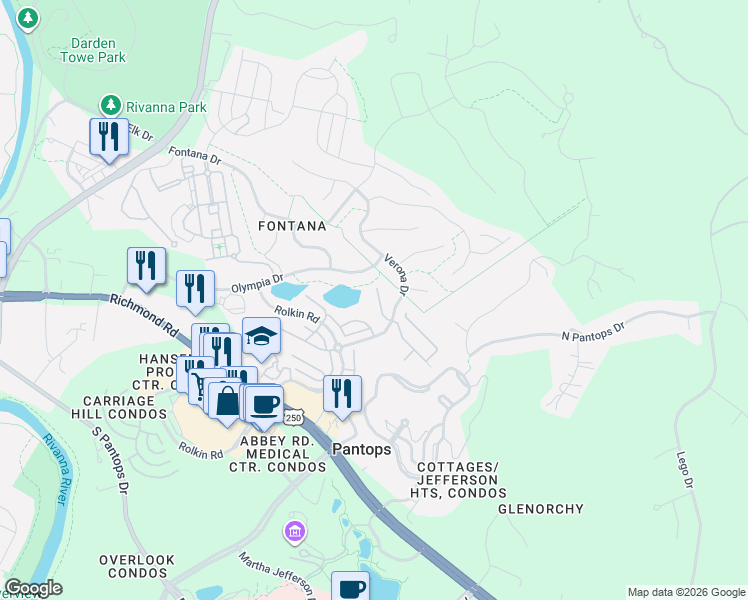 map of restaurants, bars, coffee shops, grocery stores, and more near 1120 Olympia Drive in Charlottesville