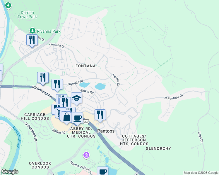 map of restaurants, bars, coffee shops, grocery stores, and more near 1120 Olympia Drive in Charlottesville