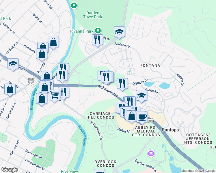 map of restaurants, bars, coffee shops, grocery stores, and more near Olympia Drive in Charlottesville