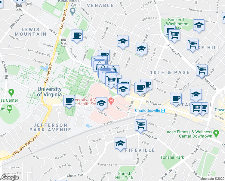 map of restaurants, bars, coffee shops, grocery stores, and more near Main Street West in Charlottesville