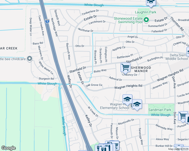 map of restaurants, bars, coffee shops, grocery stores, and more near 3332 Bixby Way in Stockton