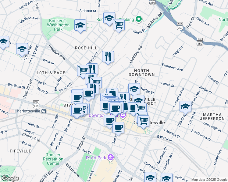 map of restaurants, bars, coffee shops, grocery stores, and more near 408 Altamont Circle in Charlottesville