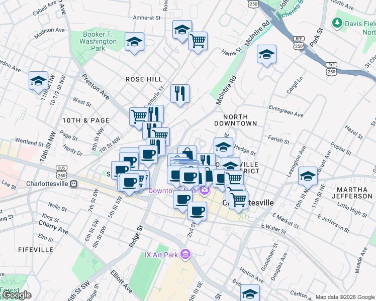 map of restaurants, bars, coffee shops, grocery stores, and more near 408 Altamont Circle in Charlottesville