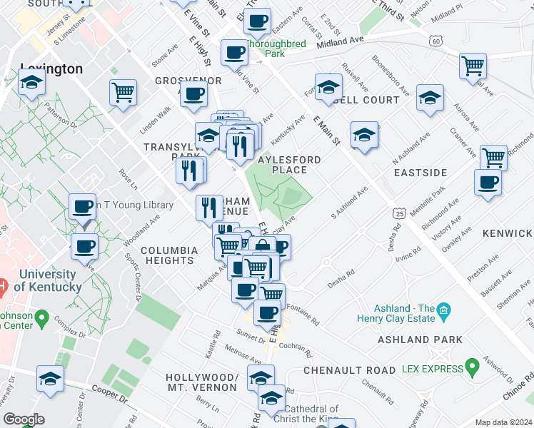 map of restaurants, bars, coffee shops, grocery stores, and more near 633 East High Street in Lexington