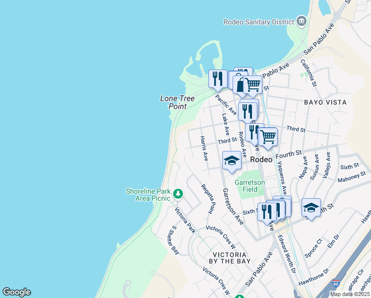 map of restaurants, bars, coffee shops, grocery stores, and more near 5 Third Street in Rodeo