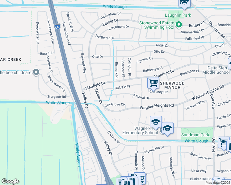 map of restaurants, bars, coffee shops, grocery stores, and more near 3332 Bixby Way in Stockton