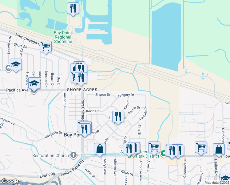 map of restaurants, bars, coffee shops, grocery stores, and more near 14 Sharon Drive in Bay Point