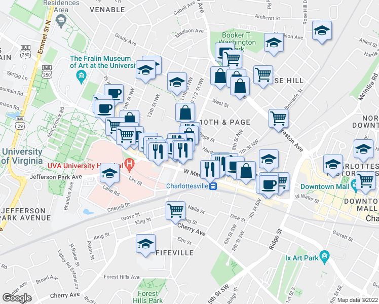 map of restaurants, bars, coffee shops, grocery stores, and more near 134 10th Street Northwest in Charlottesville