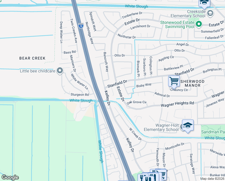 map of restaurants, bars, coffee shops, grocery stores, and more near 4221 Estate Drive in Stockton