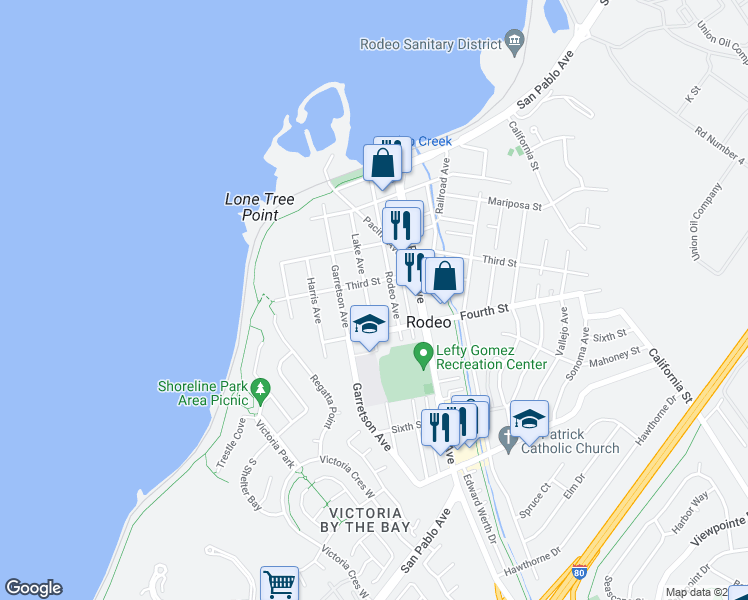 map of restaurants, bars, coffee shops, grocery stores, and more near 331 Lake Avenue in Rodeo